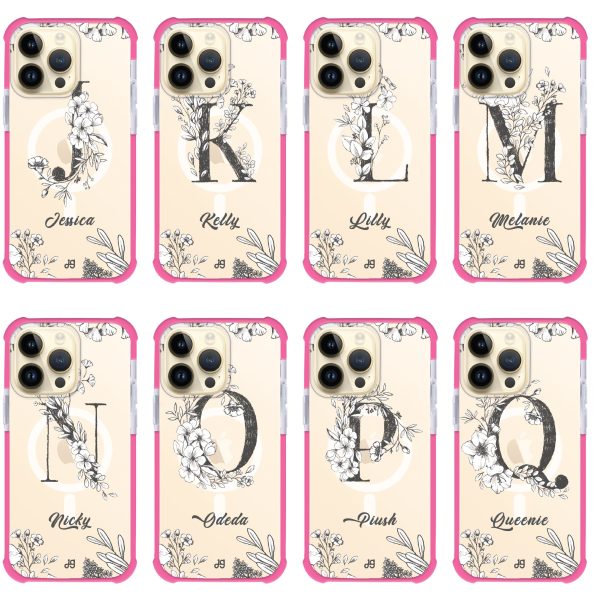 Vintage Floral Monogram iPhone 15 Pro Max MagSafe Compatible Ultra Shockproof Case For Sale